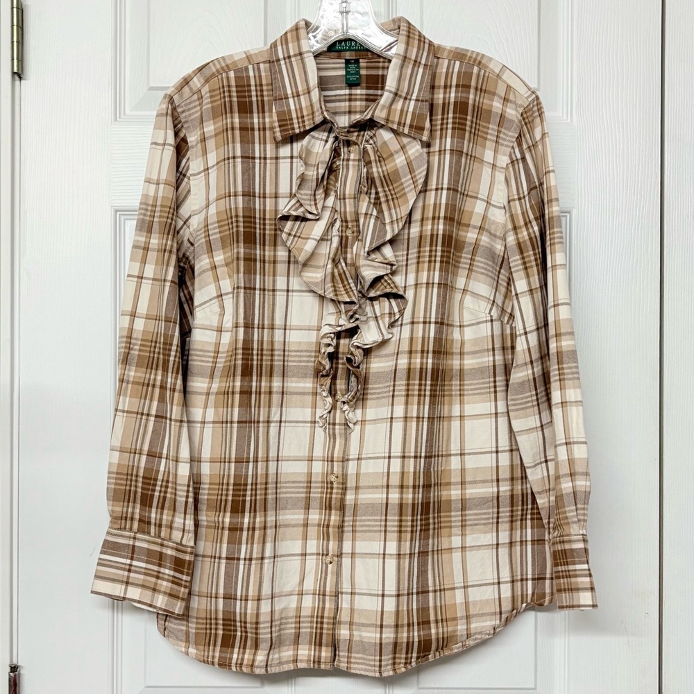 Lauren Ralph Lauren Tan Plaid Ruffle Front Top Sz 1X